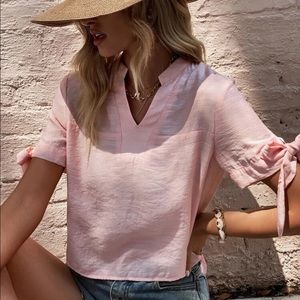 NWOT SHEIN Notched Neck Knot Cuff Blouse Size S pink crop top